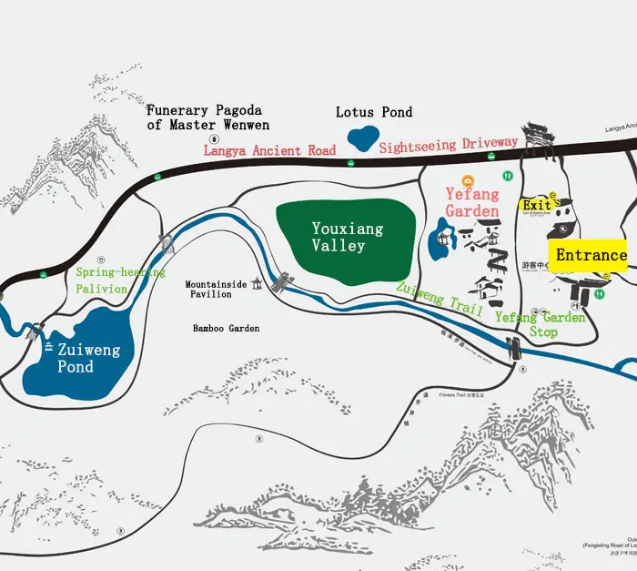 Map of hiking route from North Gate Entrance to Zuiweng Pond