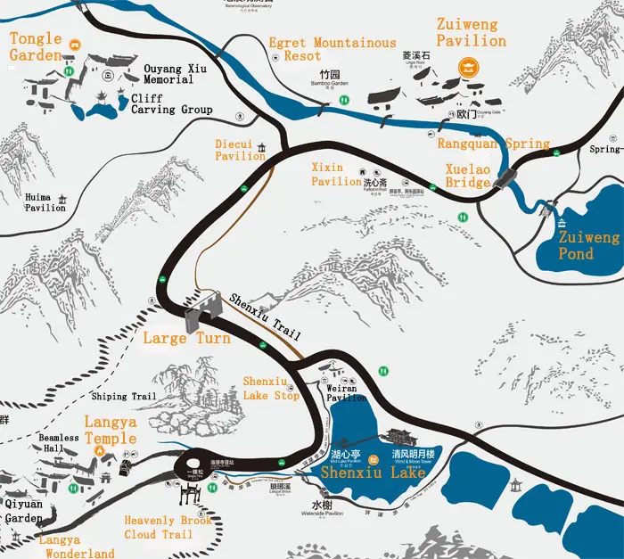 Map of hiking route from Zuiweng Pavilion to Shenxiu Lake